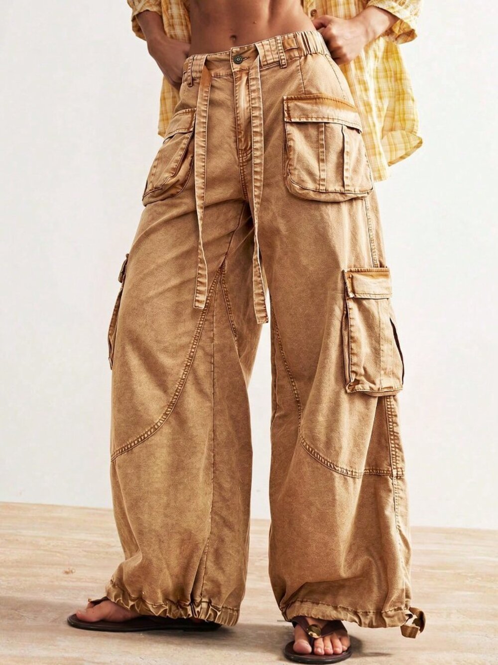 Brown Casual Women's Woven Loose Cuffed Low Waist Loose Long Pants - Picture 8 of 10